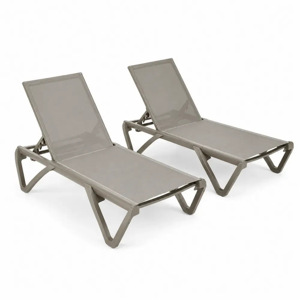 2er Set verstellbare rechteckige Sonnenliegen aus PVC-beschichtetem Polyestergewebe und PP-Rahmen Taupe 190 x 64 x 95 cm