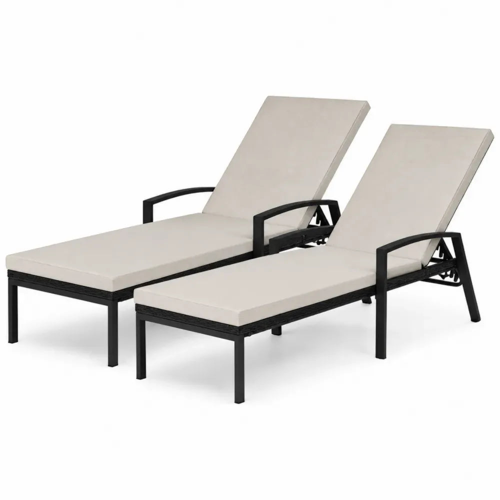 2er Set verstellbare Sonnenliegen rechteckig aus pulverbeschichtetem Stahl mit PE-Rattan und Polyesterkissen Beige Schwarz 198 x 65 x 95 cm