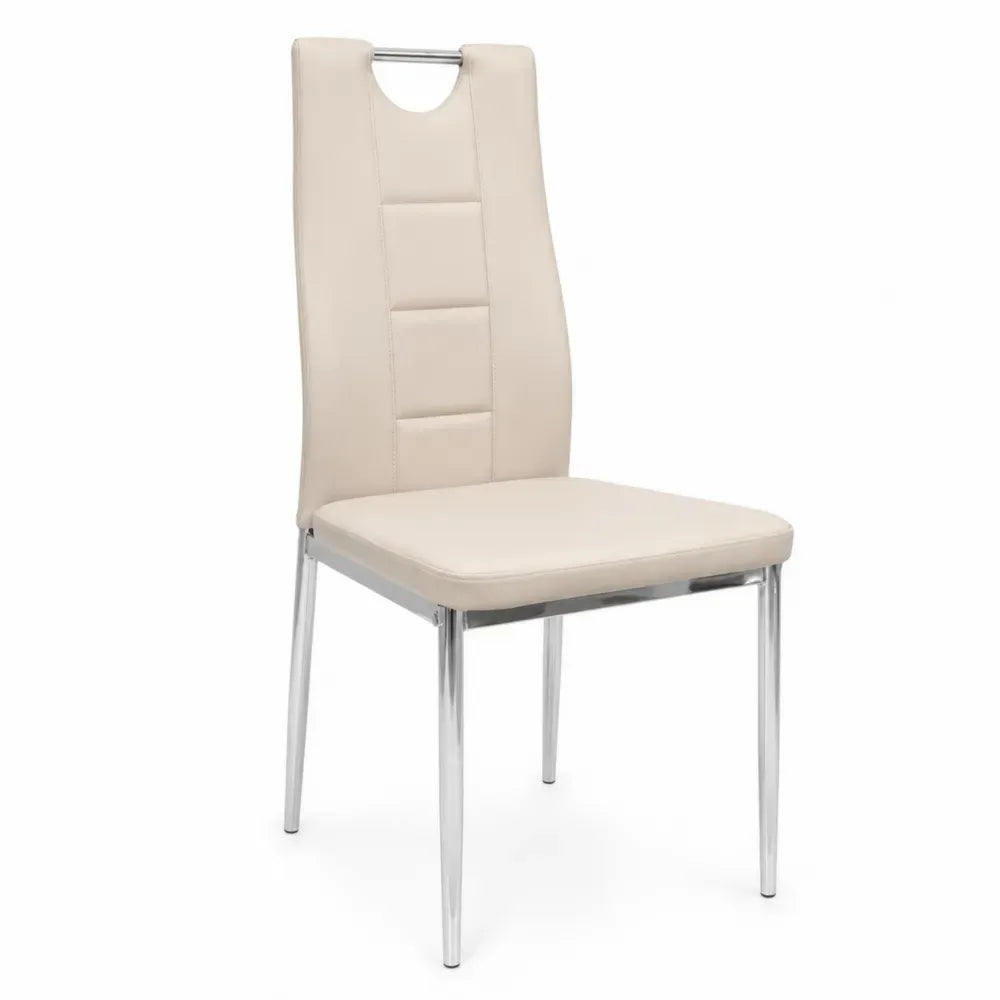 Esszimmerstuhl Polsterstuhl ohne Armlehnen mit hoher Rückenlehne aus PU-Kunstleder und verchromtem Stahl Creme Silberfarben Schwarz B 43 x T 56 x H 106 cm