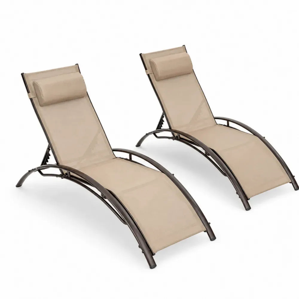 Sonnenliegen 2er Set mit Kopfkissen verstellbarer Rückenlehne Stahlrahmen PVC beschichtetes Polyestergewebe Beige Dunkelbraun 160 x 65 x 90 cm