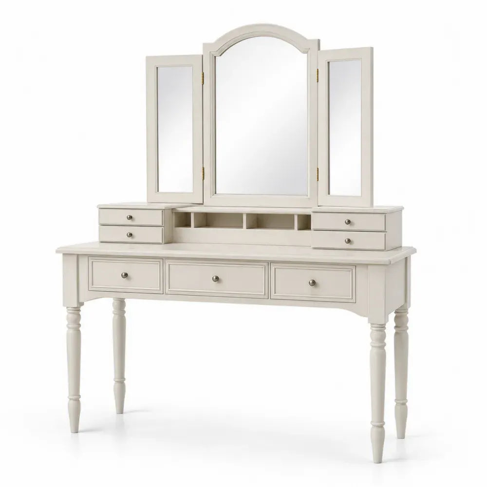 Schminktisch mit dreiteiligem Spiegel und 7 Schubladen aus MDF und Spiegelglas rechteckig Cremeweiß Goldfarben B 120 x T 45 x H 145 cm
