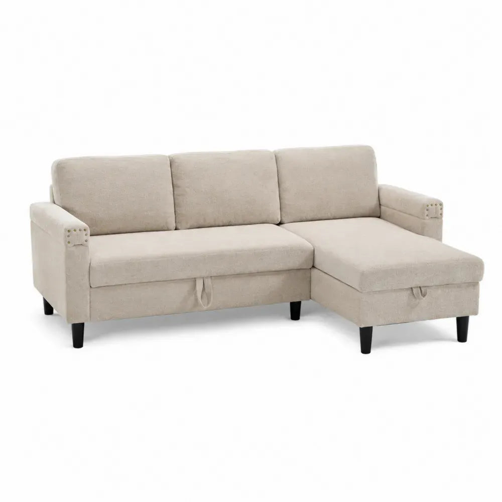 Ecksofa 3-Sitzer mit Recamiere rechts Stauraum Polyestergewebe Kiefernholz Sperrholz L-Form Beige Schwarz 210 x 140 x 85 cm