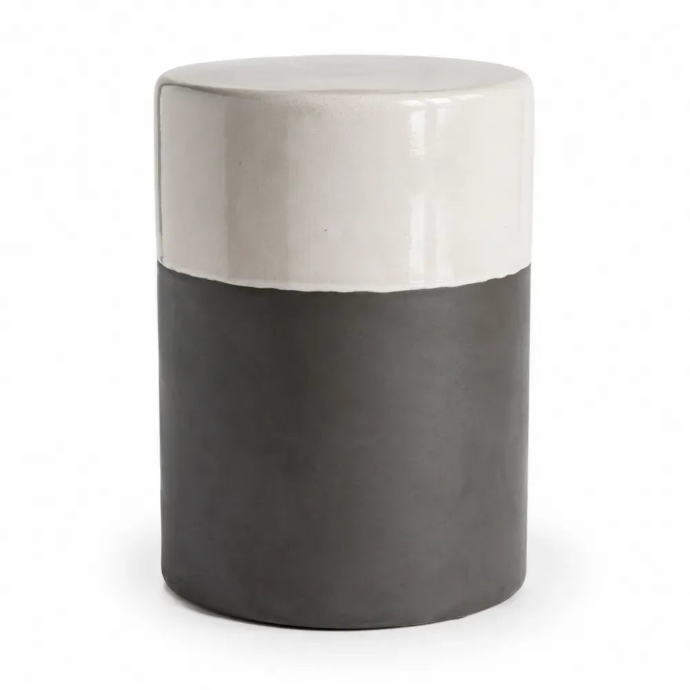 Runder Garten Beistelltisch aus glasierter Keramik Dunkelgrau Creme 35 cm Durchmesser x 45 cm Höhe
