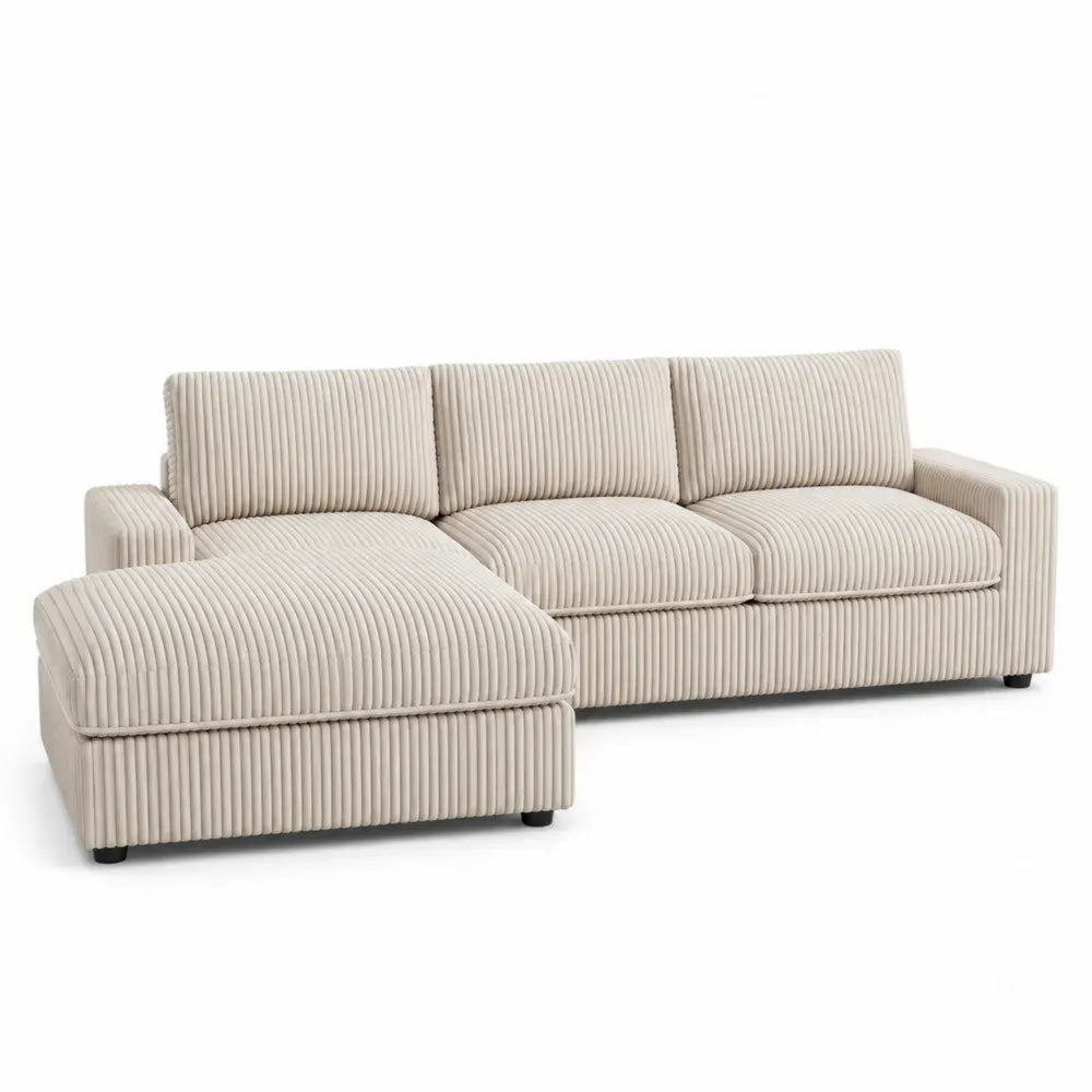 Ecksofa mit Ottomane links Polyester Cordbezug Polyurethan-Schaum L-Form Creme Schwarz 280 x 160 x 85 cm