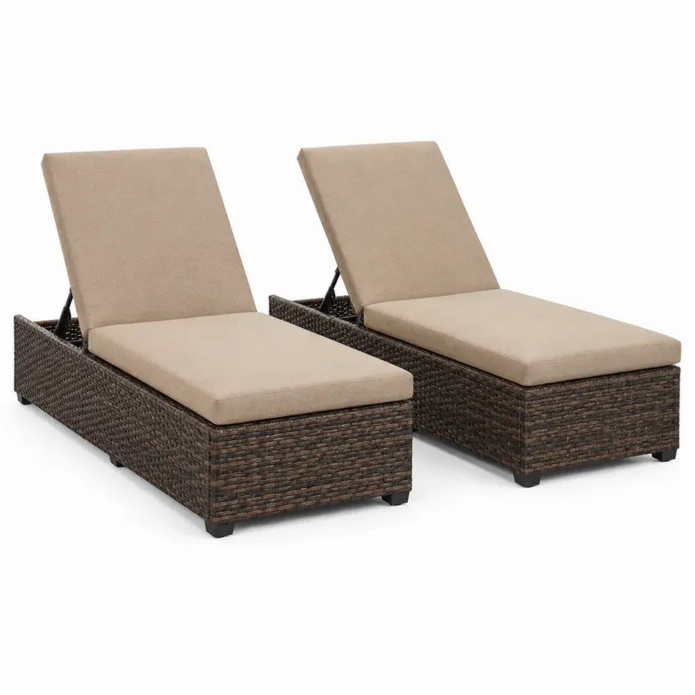 Gartenliegen 2er Set rechteckig mit verstellbarer Rückenlehne PE Rattan Stahlrahmen Polyesterauflage Braun Beige 198 x 65 x 91 cm