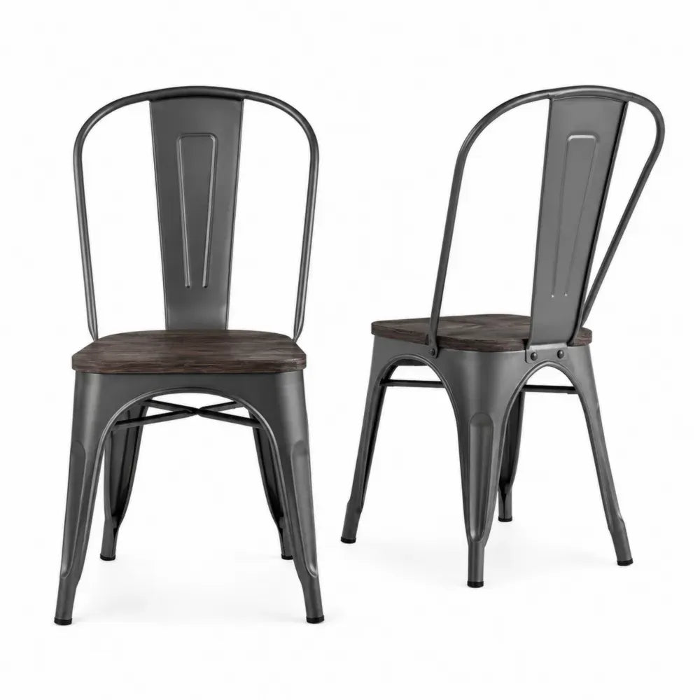 Esszimmerstühle 2er Set Metallstühle mit Holzsitz aus pulverbeschichtetem Stahl und Sperrholz Dunkelgrau Dunkelbraun B 45 x T 52 x H 85 cm