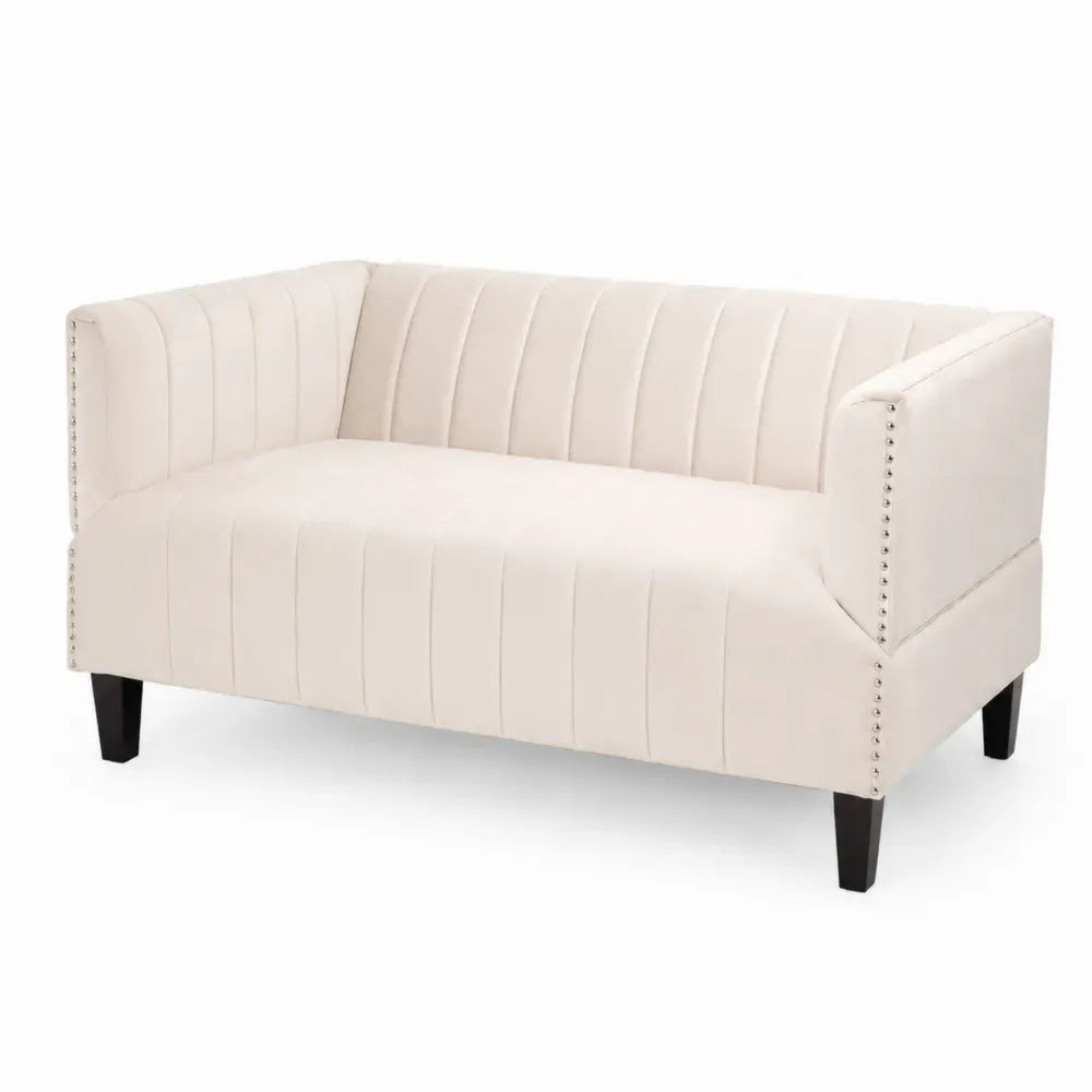 2-Sitzer Sofa gepolstert Polyester-Samt Ziernägel Kautschukholz rechteckig Cremeweiß Schwarz Silberfarben 143 x 76 x 78 cm