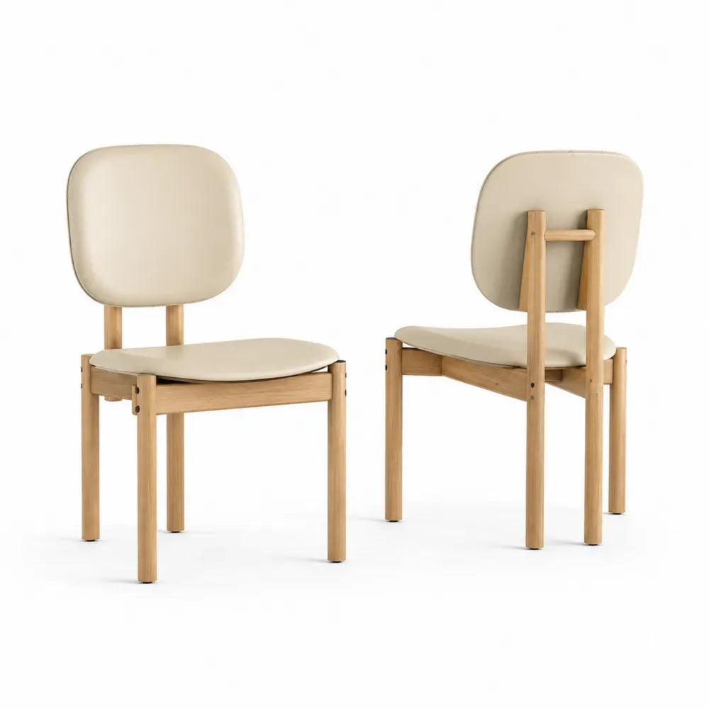 2er Set Esszimmerstühle mit abgerundeter Rückenlehne PU-Kunstleder Kautschukholz Creme Natur 49 x 54 x 80 cm