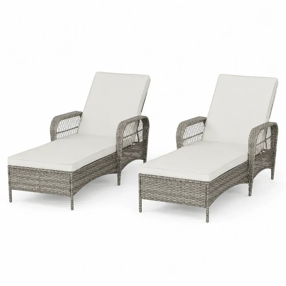 Gartenliegen 2er Set rechteckig mit Armlehnen Polsterauflagen PE Geflecht Stahlrahmen Grau Beige 170 x 65 x 86 cm