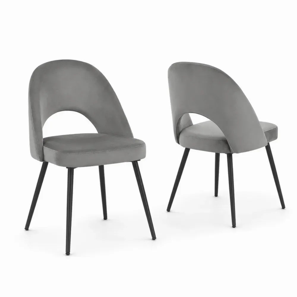 2er Set Esszimmerstühle gepolstert mit bogenförmiger Rückenlehne Polyester-Samtgewebe Stahlrohr Grau Schwarz 54 x 52 x 82 cm