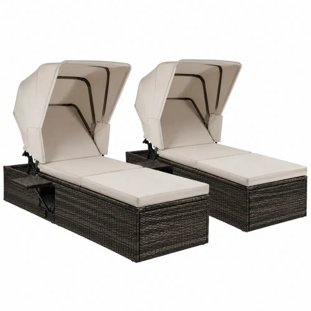 Sonnenliegen 2er Set rechteckig mit Sonnendach Polster PE Rattan Stahlrahmen Beige Dunkelbraun 200 x 73 x 145 cm