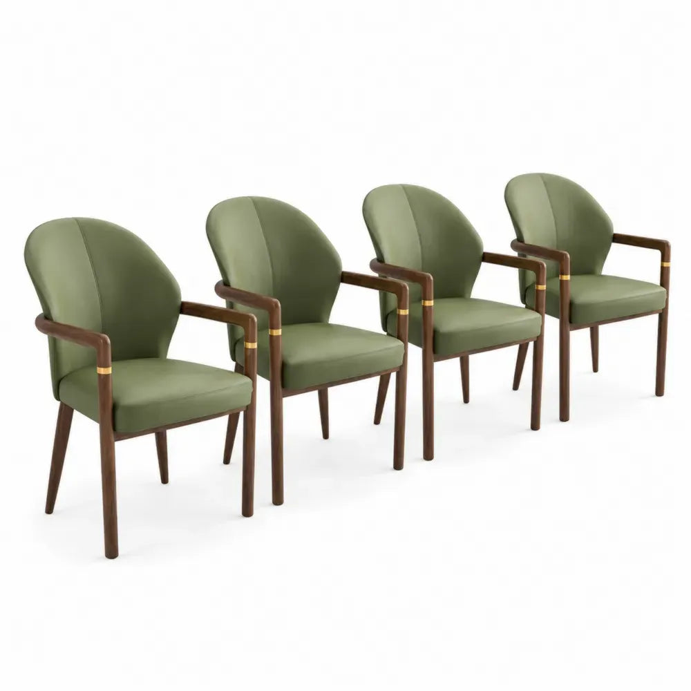 4er Set Esszimmerstühle mit Armlehnen runder Rückenlehne PU-Kunstleder Kautschukholz Olivegrün Braun Goldfarben 58 x 57 x 82 cm