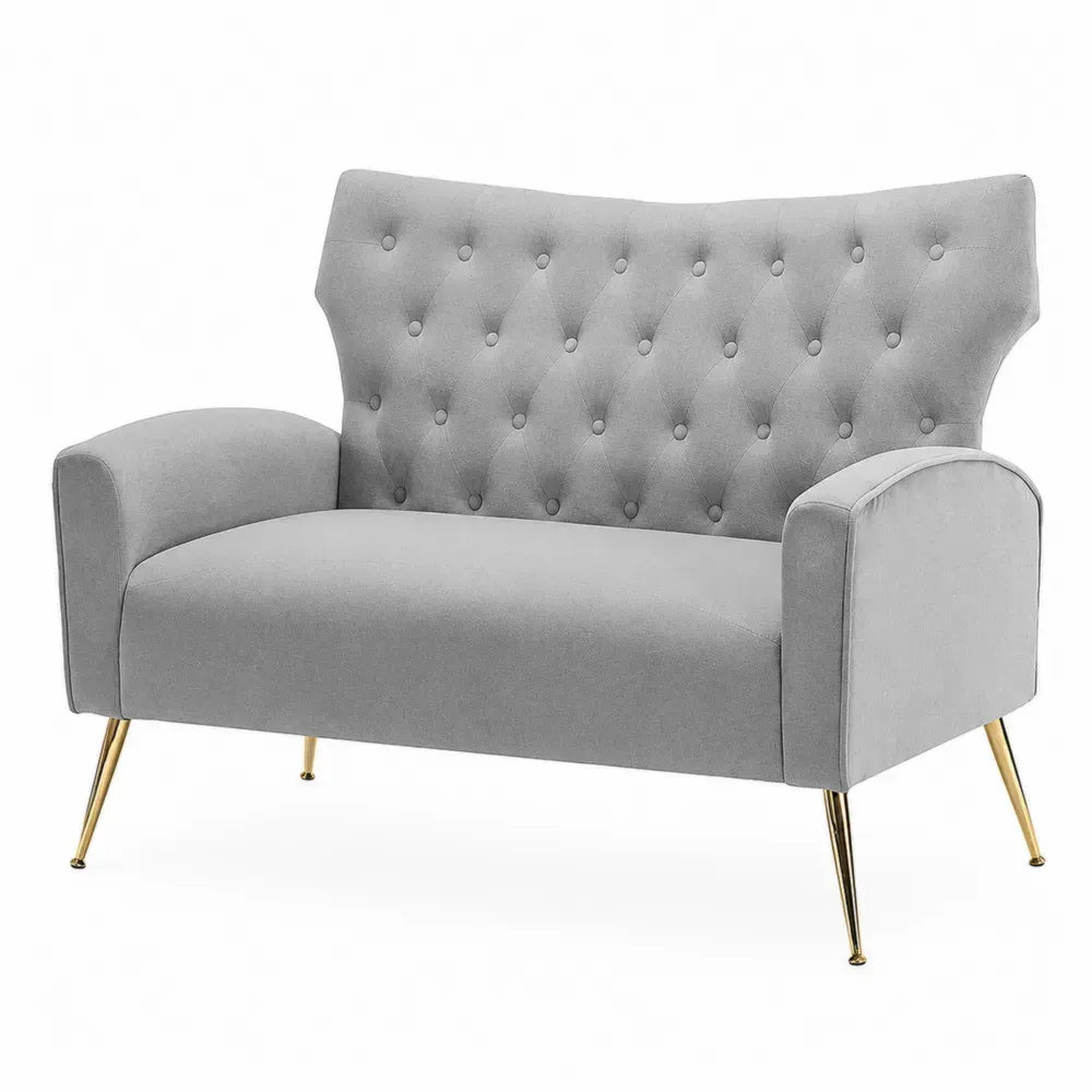 Sofa 2-Sitzer mit Knopfheftung Polyester-Samt Polyurethan-Schaum rechteckig Grau Goldfarben 140 x 76 x 95 cm